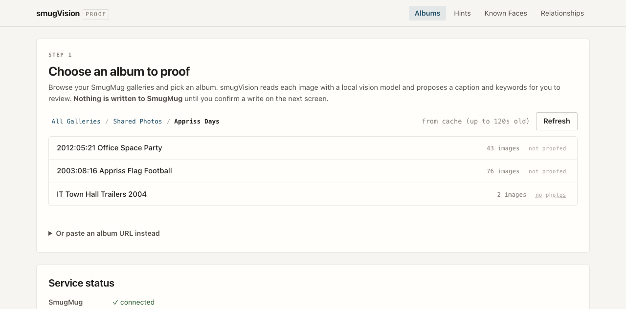 The album picker showing a folder breadcrumb and three albums, each with an image count and a proof badge.