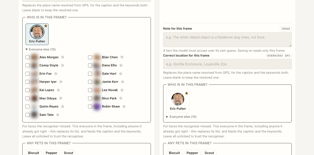 The who-is-in-this-frame picker: one large pinned tile, a drawer listing fifteen other people with checkboxes, and pet chips below.
