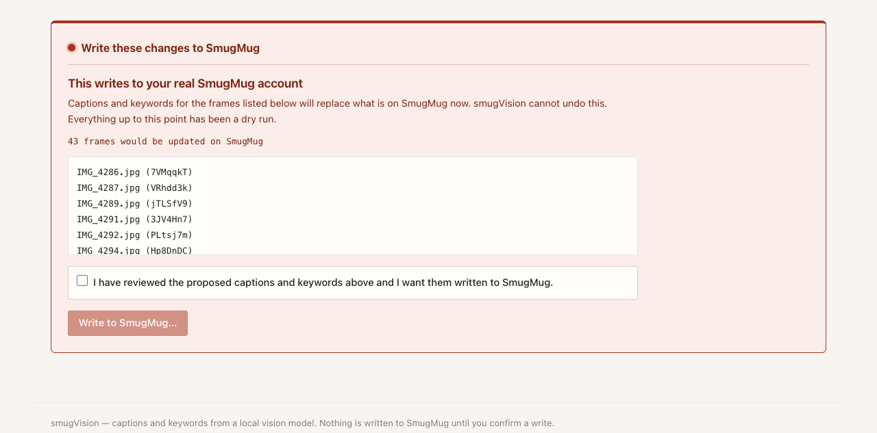 The write panel in red, listing forty-three filenames with their image keys, an unticked latch checkbox and a disabled Write to SmugMug button.