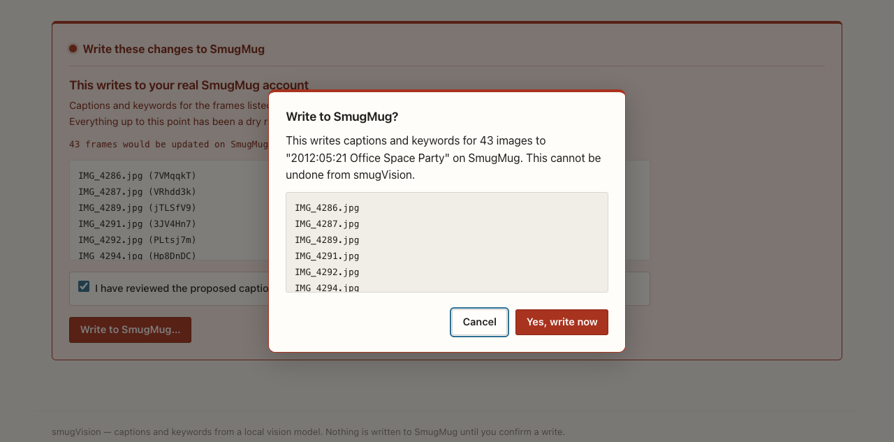 A confirmation dialog reading: this writes captions and keywords for 43 images to the named album. This cannot be undone from smugVision.