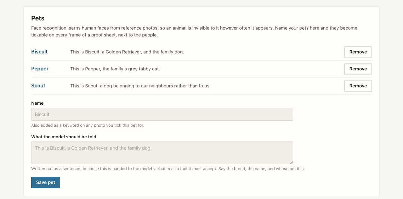 The pets editor listing three pets with the sentence each contributes to the prompt, and a form to add another.